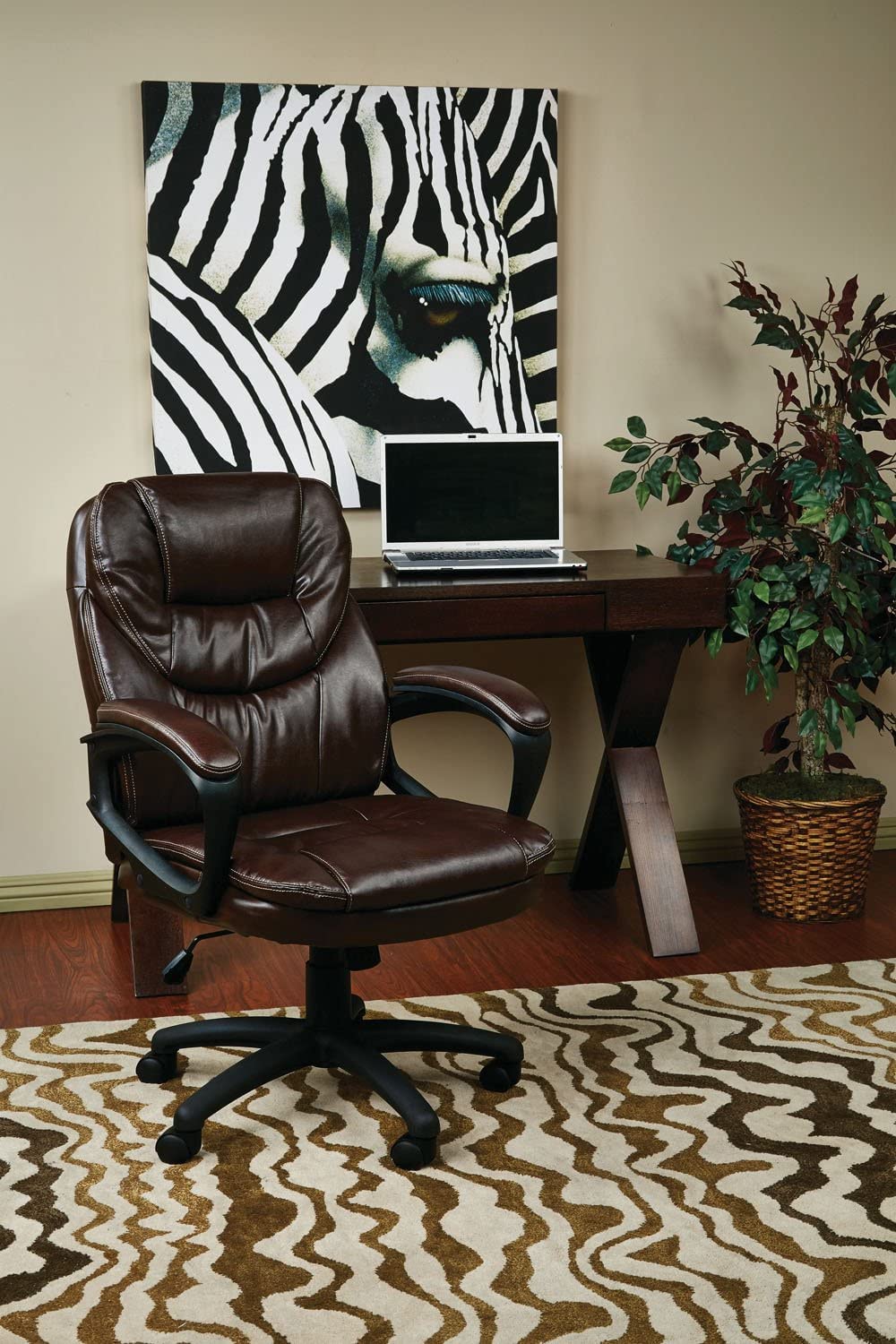 Office Star FL Series Faux Leather Manager's Adjustable Office Chair with Lumbar Support and Padded Arms, Chocolate