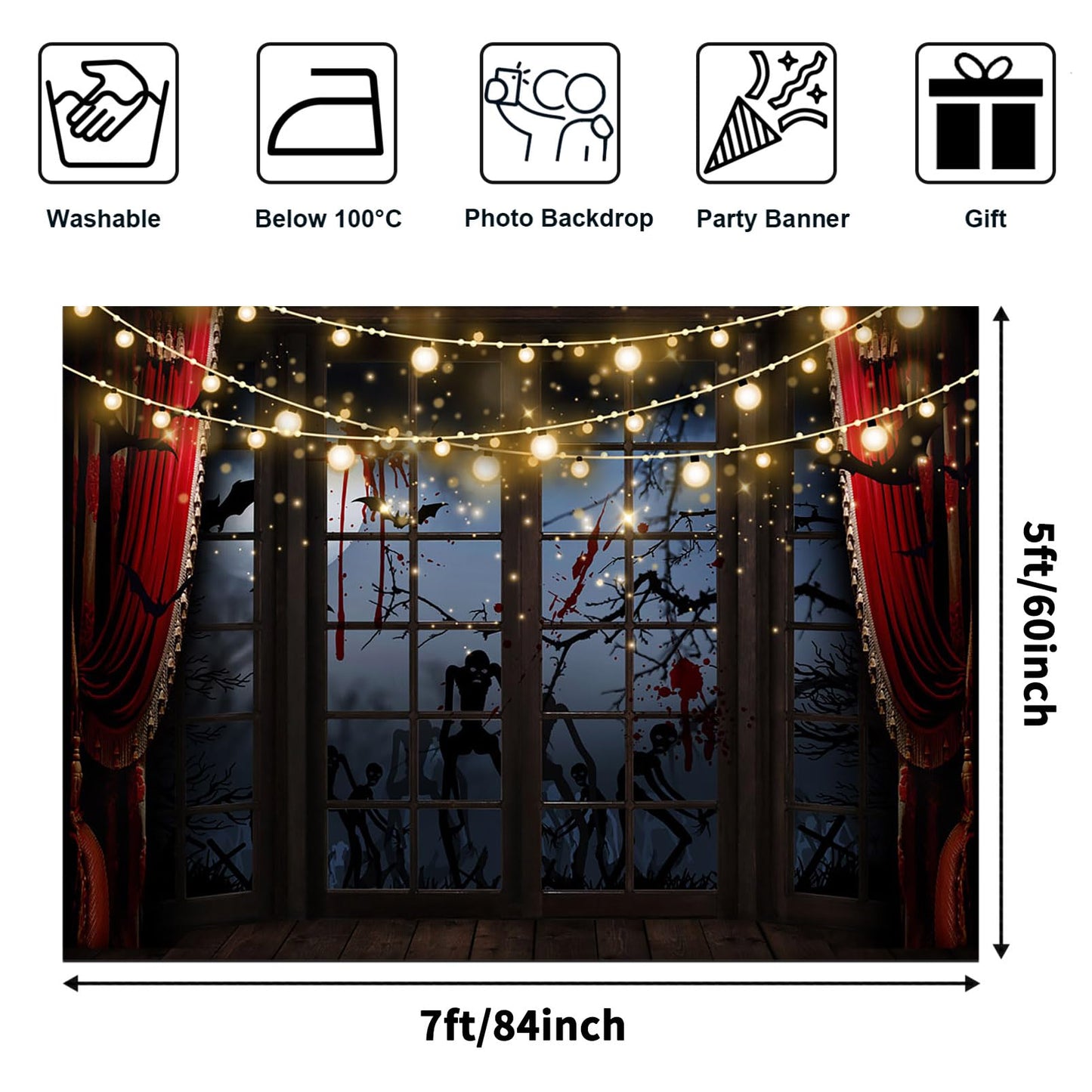 Avezano Halloween Backdrop for Photography Horrible Night Window Scene Background Cemetery Spooky Skeleton Zombie Scary Halloween Party Decorations Photo Booth Banner (7x5ft)