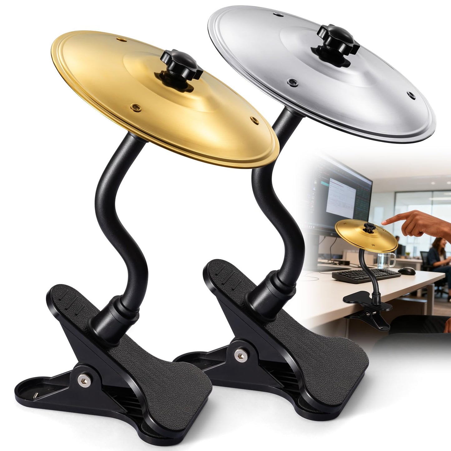 Facmogu 2PCS Desktop Crash Cymbal with Clamp - The Great Stress Relief Items & Fun Desk Drum for Music Lovers, Easy to Install,