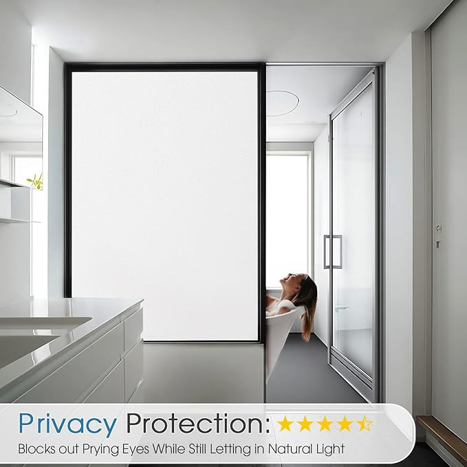 Coavas Window Privacy Film Frosted Glass Static Clings, Decorative Bathroom Door Privacy Film Day and Night, Heat UV Blocking Anti-Glare Frosting Stickers Renter Non-Adhesive, 45.2 x 157.5 Inch, White