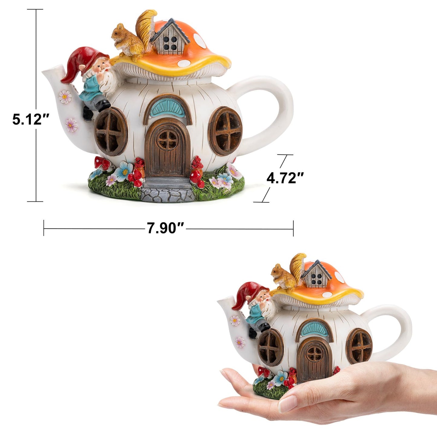 twinbling Mushroom Fairy House Garden Decor Solar Light – Outdoor Gnome Statue with Squirrel, Resin Teapot Decorative Figurine for Patio, Lawn, Yard & Balcony, for Women, Mom, and Home