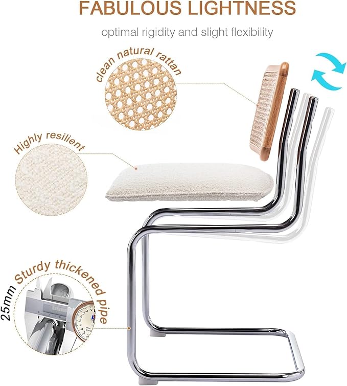 Zesthouse Dining Chairs Set of 4, Natural Rattan Accent Chairs with Solid Wood Back & Stainless Chrome Base, Mid Century Modern Breuer Design Inspired, Upholstered Boucle Kitchen Chairs, White