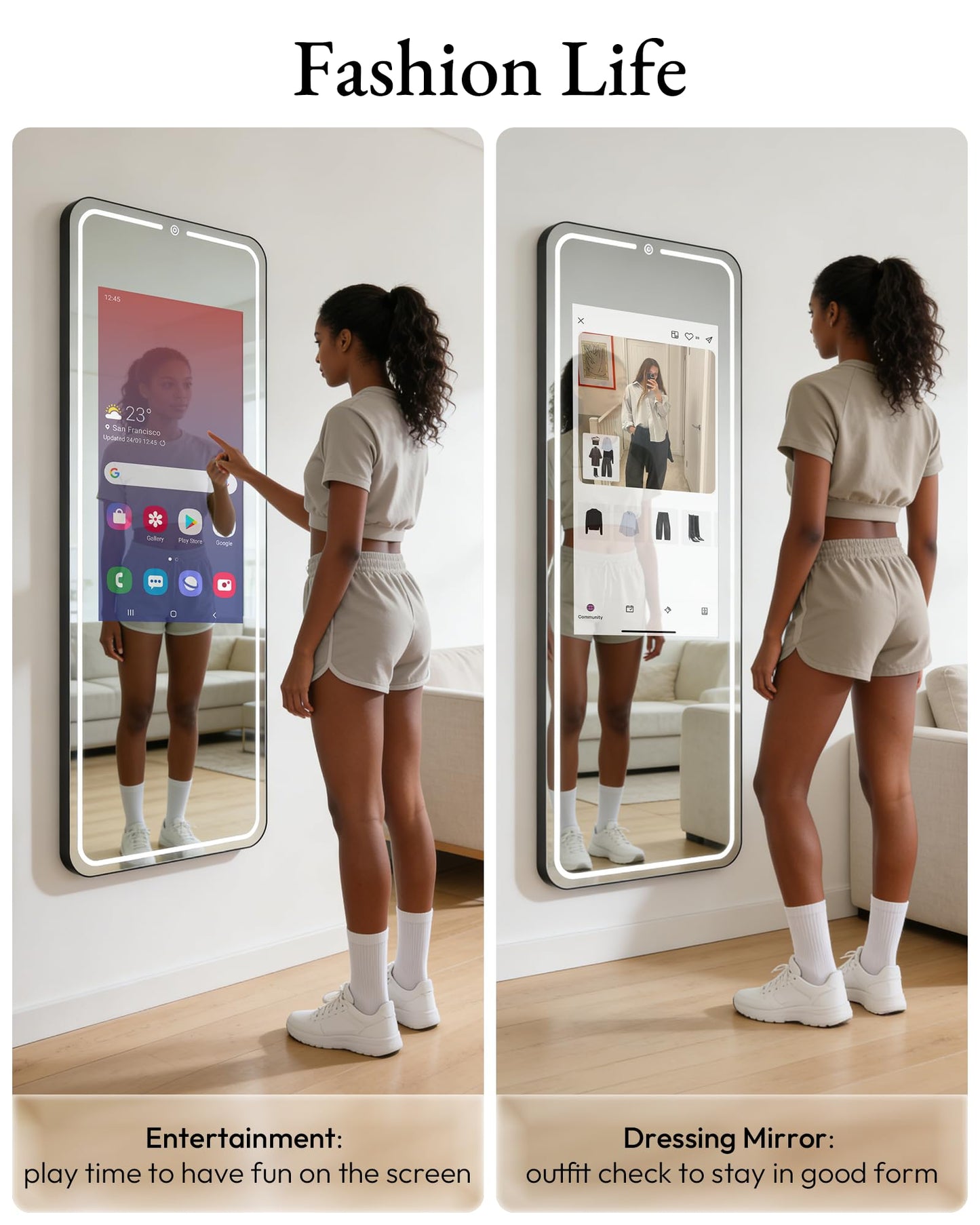 HARZHI Smart Fitness Mirror with 32'' HD Touchscreen, 65'' Full-Length Mirror, Android OS, Voice Control, for Home Gym, Yoga, Dance and Training