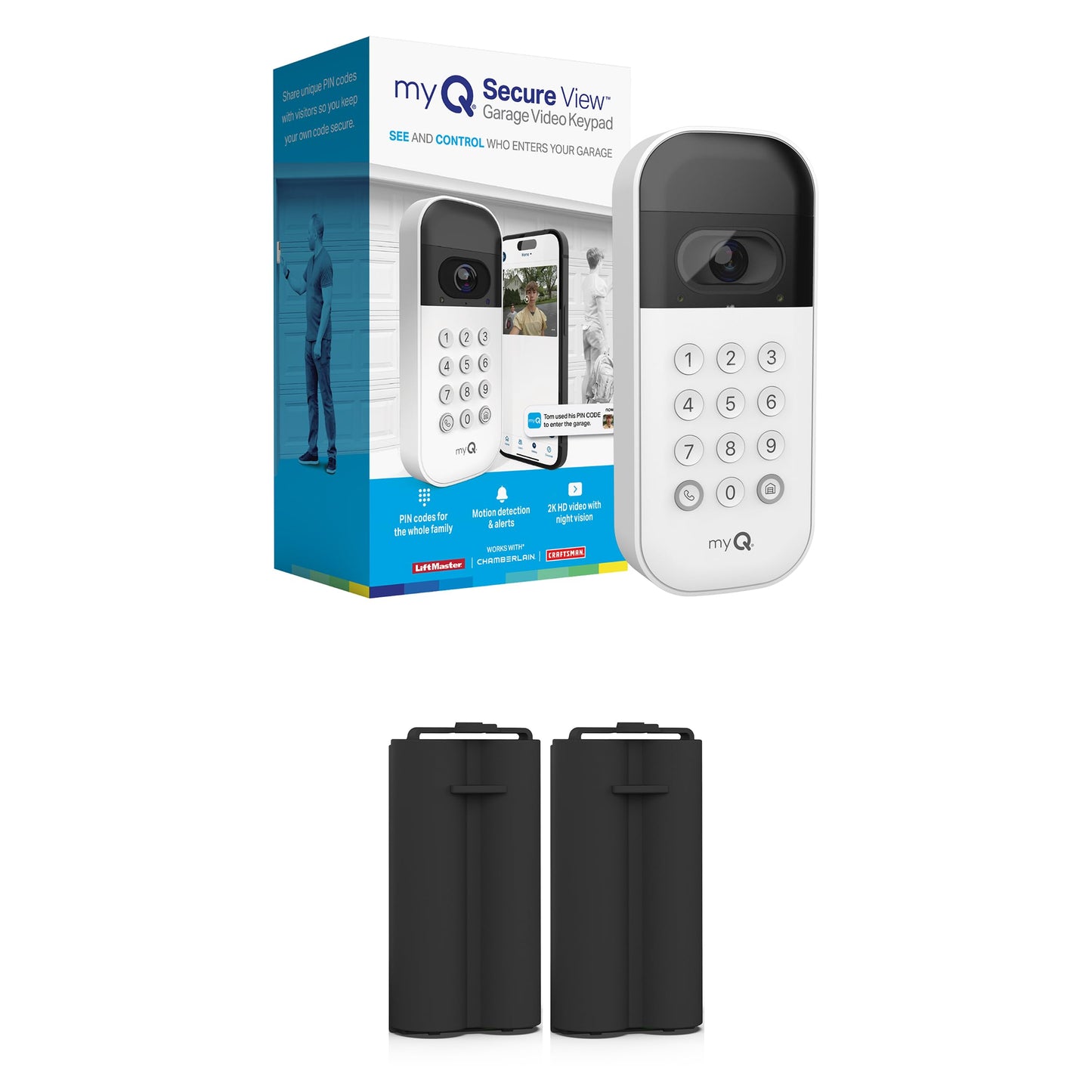 myQ Smart Garage Door Video Keypad + Rechargeable Battery, with Wide-Angle Camera, Customizable PIN Codes, and Smartphone Control, Works with Chamberlain, LiftMaster and Craftsman openers