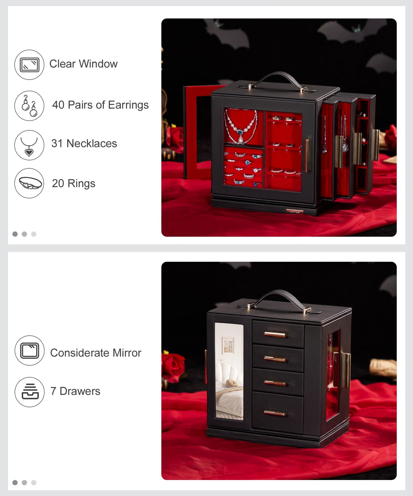 Homde Jewelry Box 360° Rotating, Necklace Earring Organizer with Transparent Window, Mirror, 7 Drawers, Large Ring Display Storage Case for Girls Women (Black + Red)
