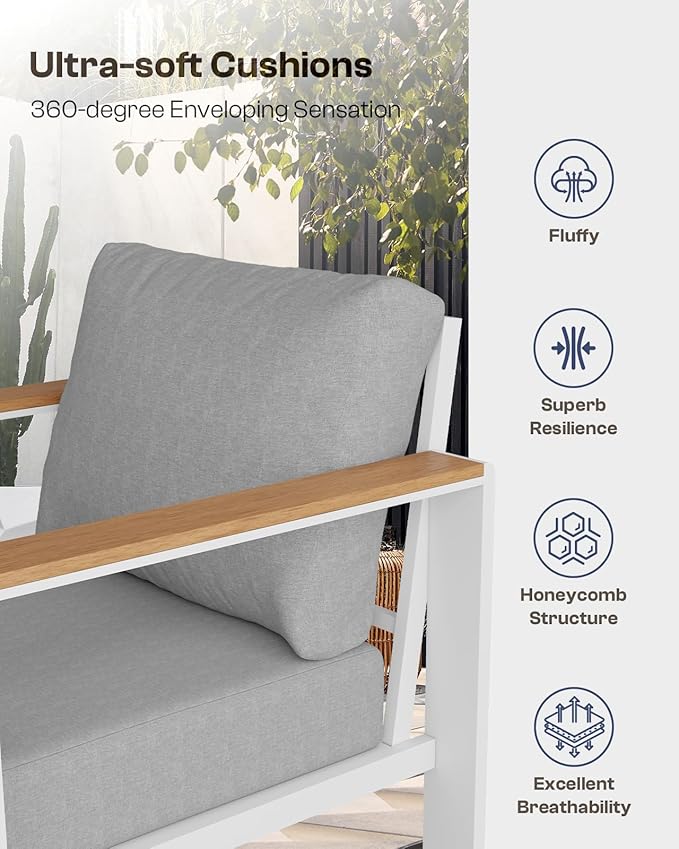 Oasbira Aluminum Outdoor Patio Furniture Set with Coffee Table, 4 Piece Outdoor Conversation Sets with Washable Thick Cushions, Patio Sectional Furniture Set for Porch, Balcony, Deck, White