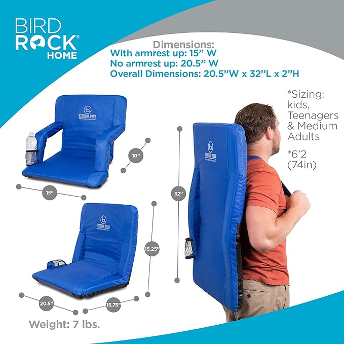 Stadium Boss Recliner Stadium Seat for Bleachers, Benches, Lawns, Backyard, Camping & Beach – Padded Sport Chair, Cushion Backs & Armrest – 6 Reclining Positions – Portable Carry Straps – Blue