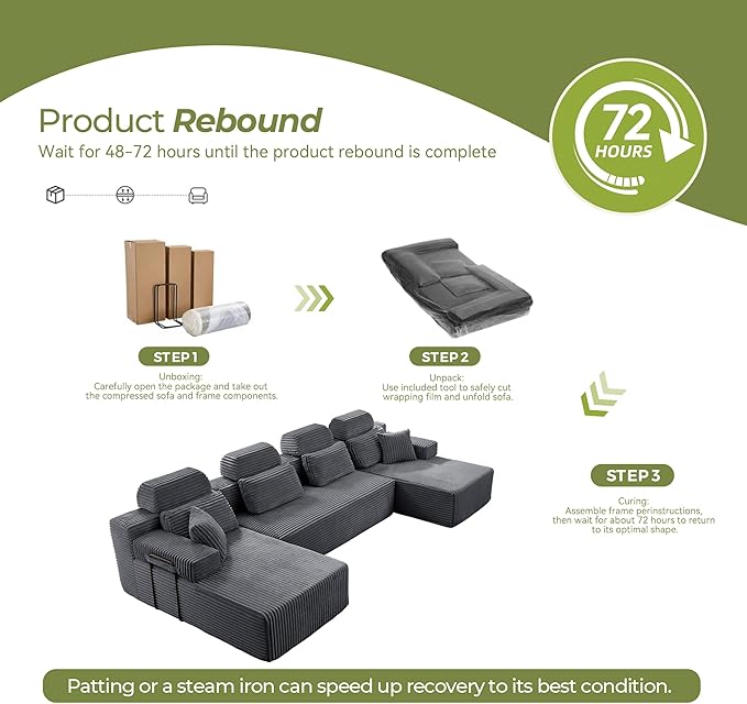 141" U-Shaped Cloud Modular Sectional Sofa with Chaise & Headrest, Boneless Deep Seat Plush Corduroy Couches for Large Living Room, No Assembly Required (Dark Gray, 141" U-shapred Chaise)