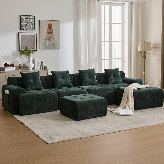 YAAREE 129.23”Modular Sectional Couch for Living Room, Modren L-Shape Cloud Sectional 4-Seater Sofa with 2 Movable Ottomans, Woven Texture Upholstery Boneless Couch, No Assembly, Green