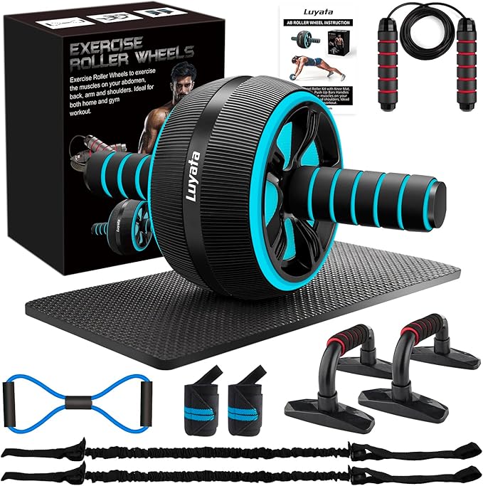Ab Roller Wheel, 10-In-1 Ab Exercise Wheels Kit with Resistance Bands, Knee Mat, Jump Rope, Push-Up Bar - Home Gym Equipme...