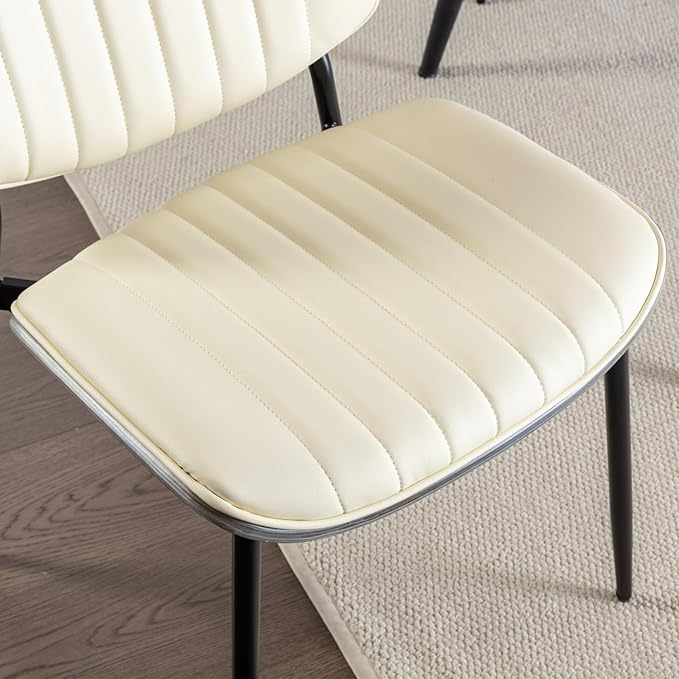 YaFiti Dining Chairs Set of 2, Mid Century Modern Accent Dining Room and Kitchen Chairs, Upholstered PU Leather Vertical Stripe Chairs for Vanity with Walnut Bentwood and Metal Legs, Beige