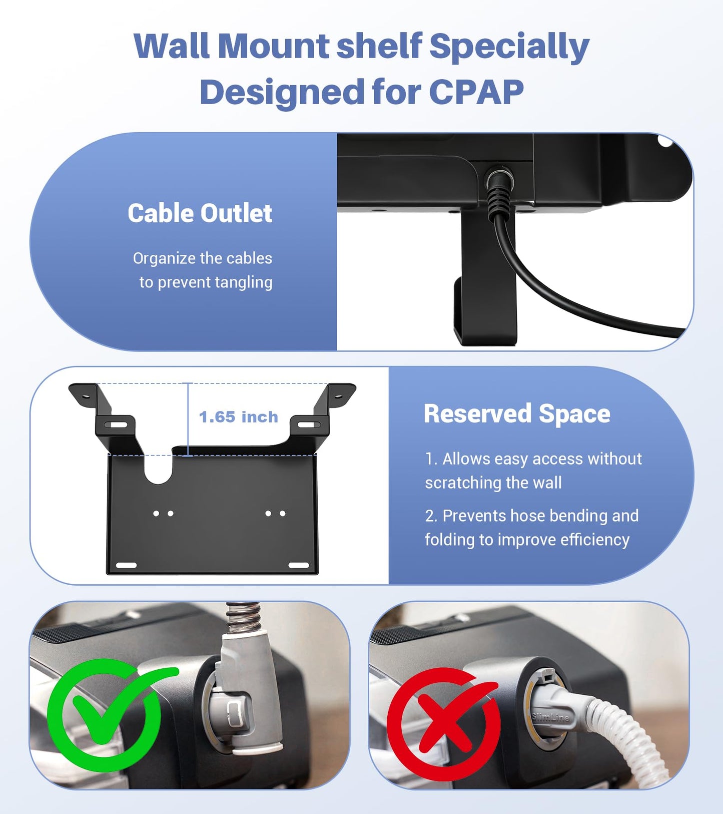 CPAP Hose Holder Wall Mount,Easy to Install,Equipped with Mask Hooks & Adjustable CPAP Tubings Hose Hanger,Space Saving CPAP Shelf,Bedside Organizer