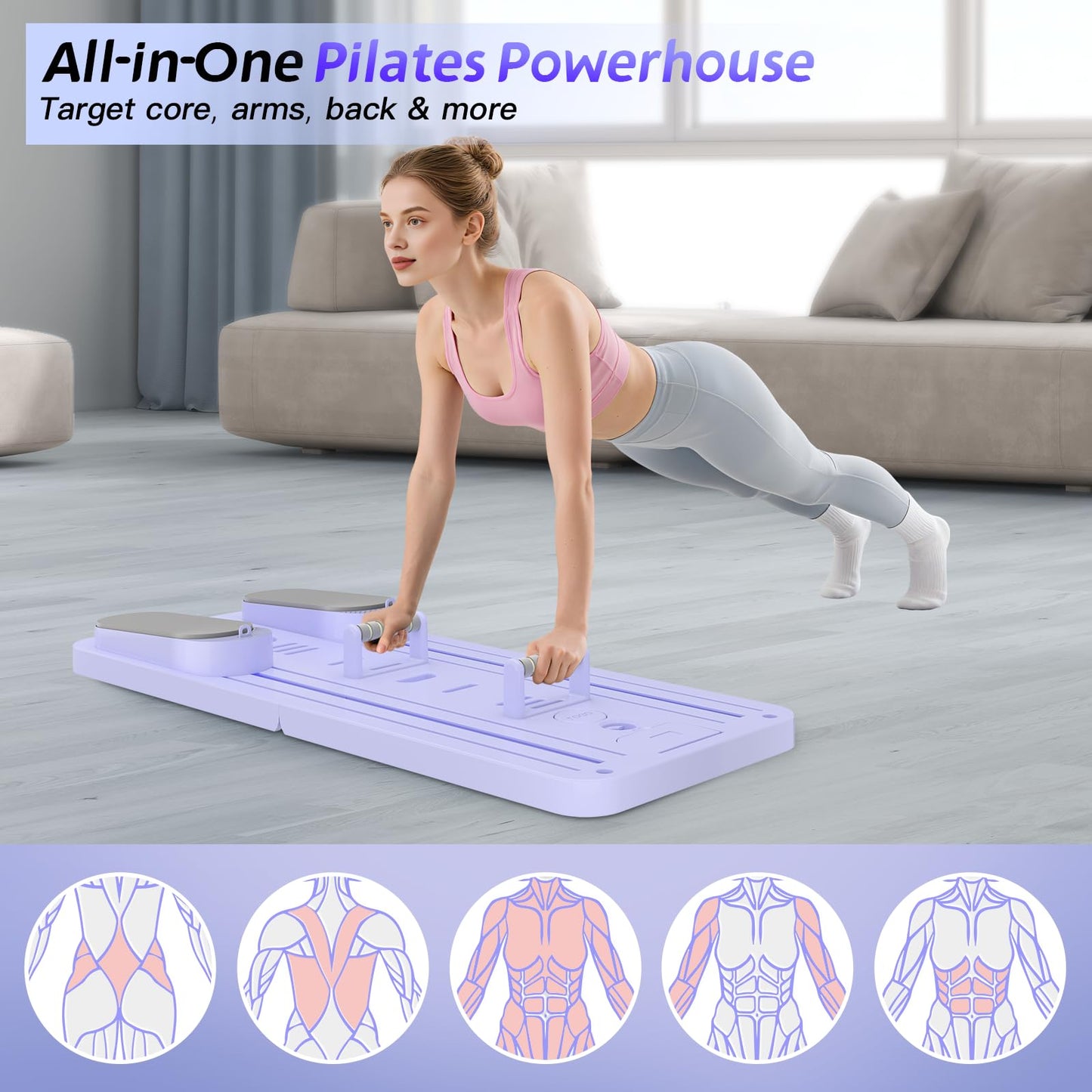 Lazolloa 5 in 1 Pilates Board, Foldable Pilates Reformer Set with Resistance Bands, Portable Pilates Sliding Board, Trainer Machine for Home Workout, Ab, Core, Fitness, Exercise, Purple