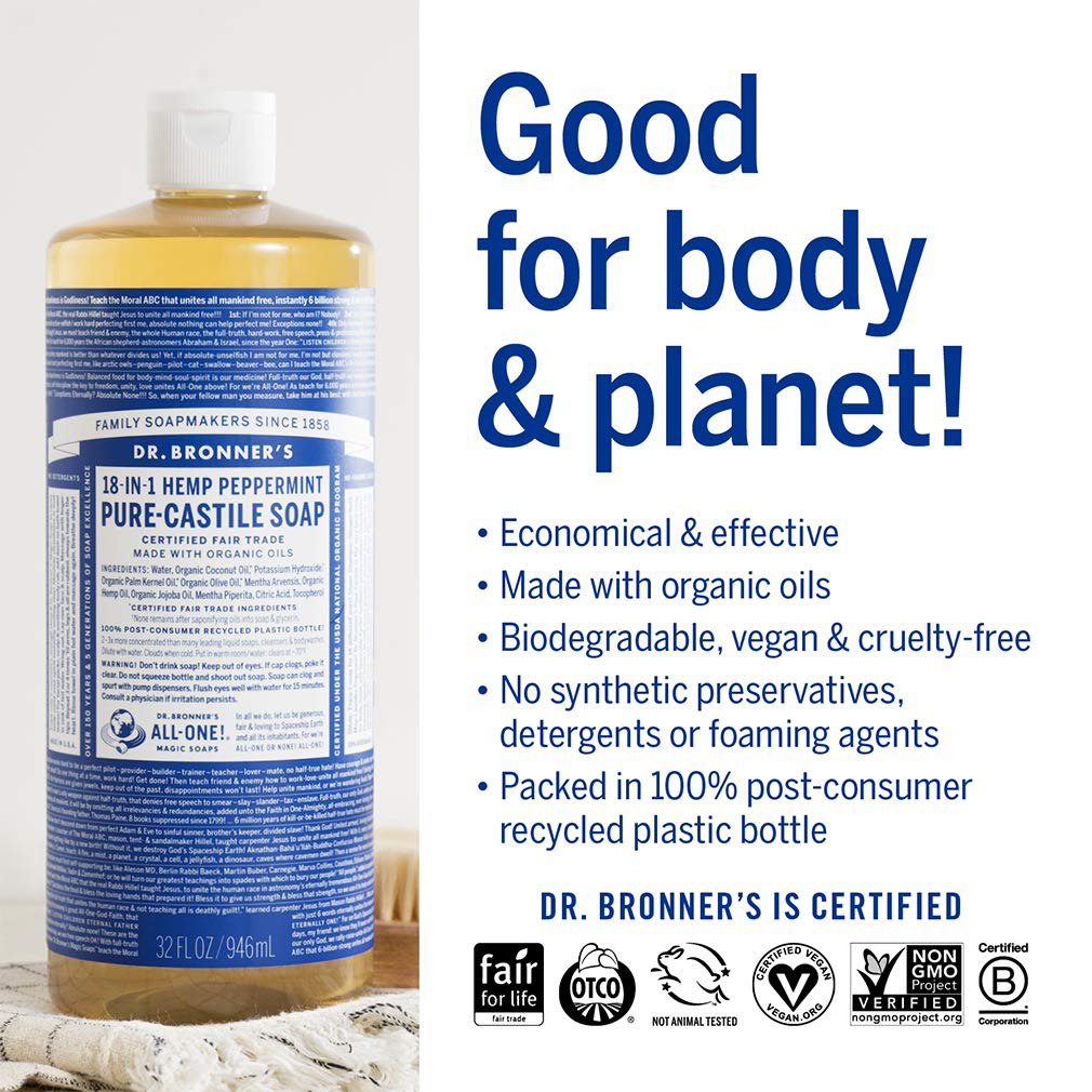 Dr. Bronner's - Pure-Castile Liquid Soap (Peppermint, 32 ounce and 2oz bundle) - Made with Organic Oils, 18-in-1 Uses: Face, Bod