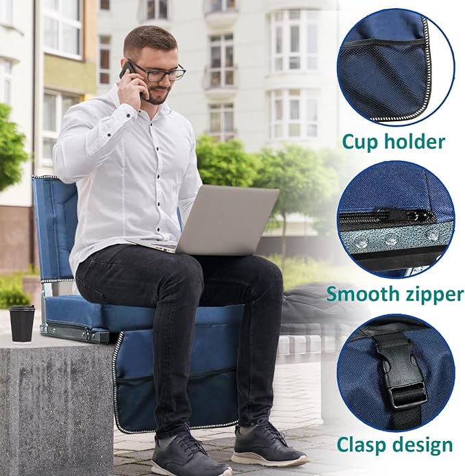 Comfortable Stadium Seats for Bleachers with Back Support & Cushioned Seat, Shoulder Strap, Carry Handle, and Storage Pockets, Perfect for Sports, Concerts, Camping & Outdoor Events, 2pack, Blue