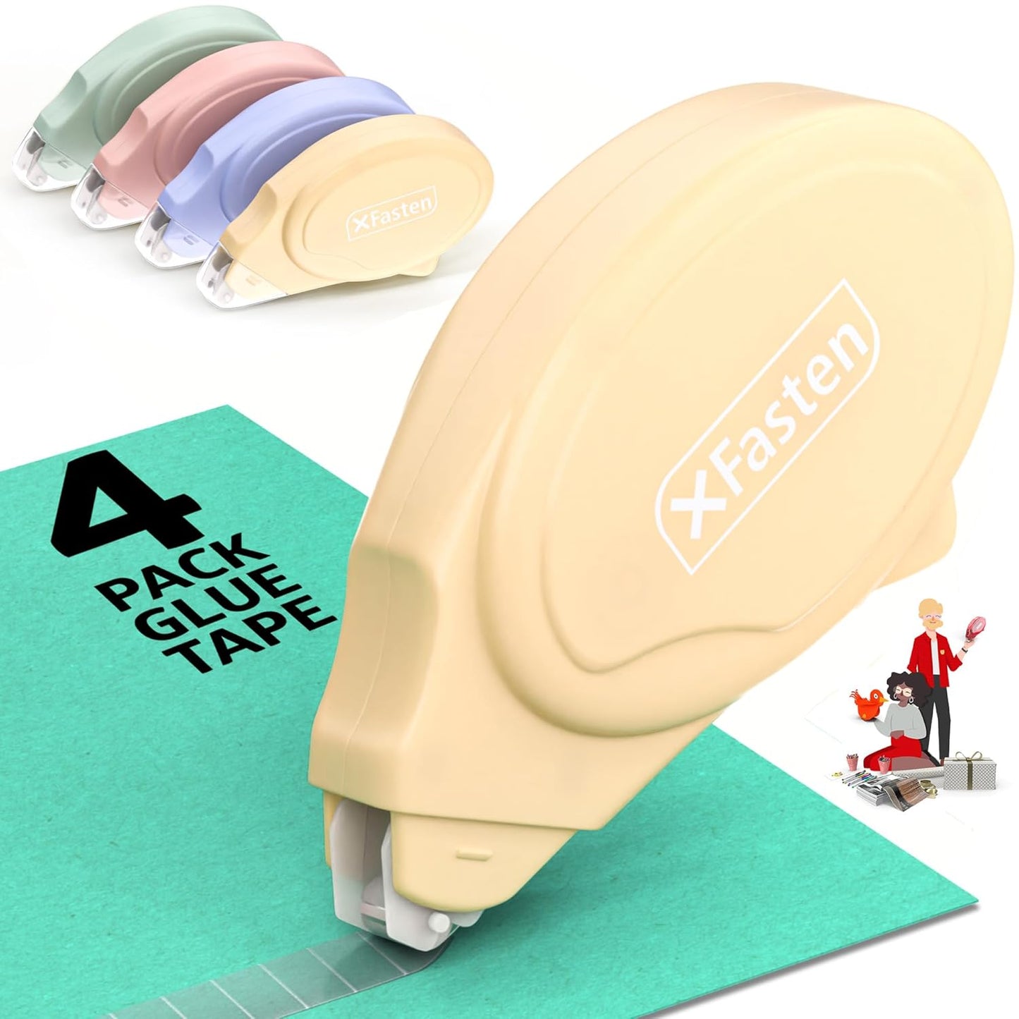 XFasten Glue Tape Roller for Scrapbooking 4-Pack Acid-Free Multicolor Double Sided Tape Roller for Crafts, Photos, Bullet and Junk Journaling Supplies - Scrapbook Adhesive Runner (0.3 in x 30 ft)