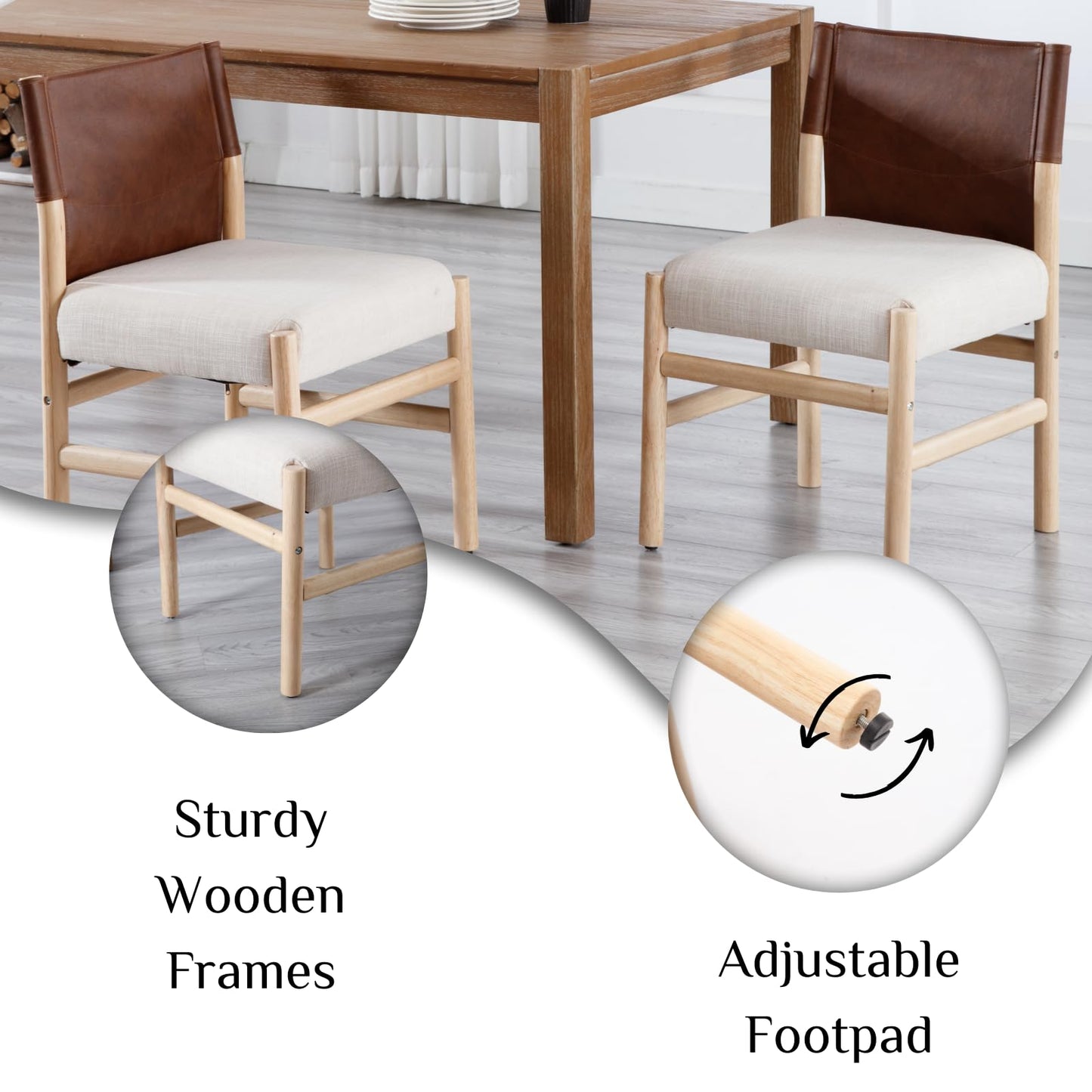 RIVOVA Modern Dining Room Chairs Set of 2, Farmhouse Upholstered Fabric Kitchen Chairs with Leather Back, Wooden Side Armless Chair for Kitchen and Dining, Beige Linen