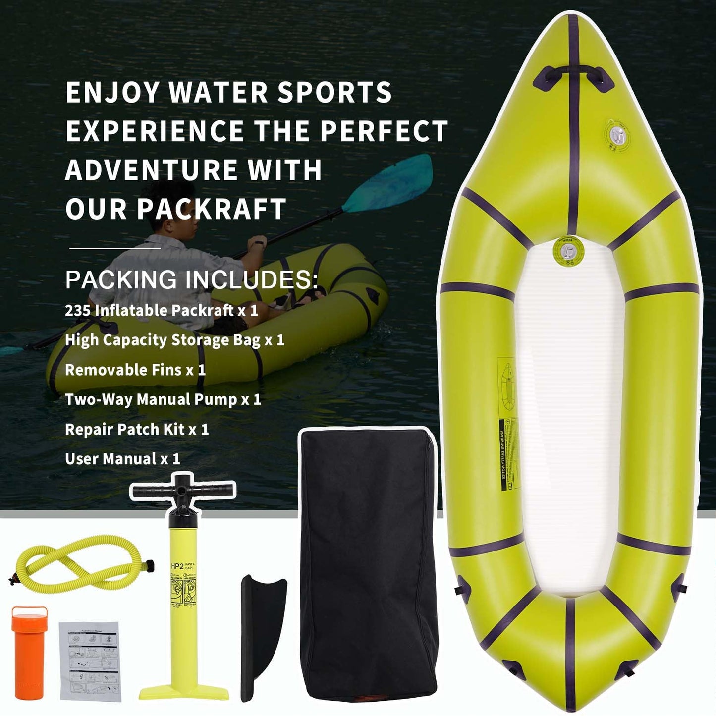 JUSTOOP PVC Packrafts,1 Person Packraft for Flat Water Rafting Camping Trip/Fishing/Water Adventures, Travel Kayak with Two-Way Manual Pump, 300lb Weight Capacity, Green