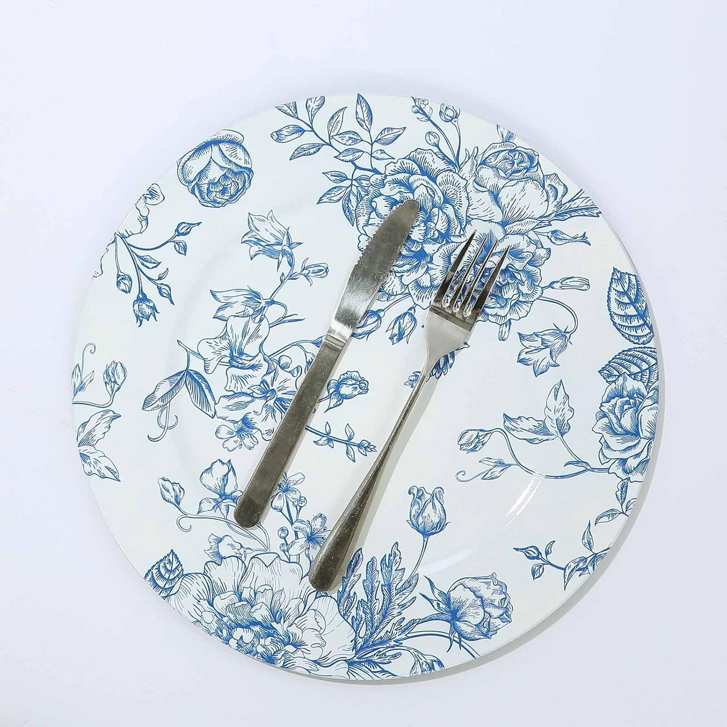 Efavormart 6 Pack White Blue Floral Acrylic Charger Plates in French Toile Pattern, Round Dinner Charger Event Tabletop Decor - 13"