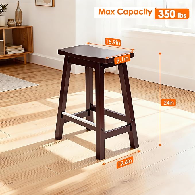 PayLessHere Bar Stools Set of 2, Wooden Saddle Stools 24 Inch Heigh, Bar Chairs Seat with Footrests and Industrial, Kitchen Counter Stools for Restaurant, Bistro Bar and Home Dining