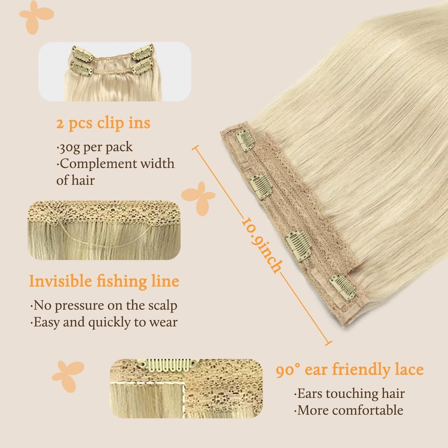 DOORES Wire Hair Extensions, Platinum Blonde 16 Inch 95g Fish Line Weft Extensions and 2pcs 30g Clip ins, 125g Invisible Wire Re