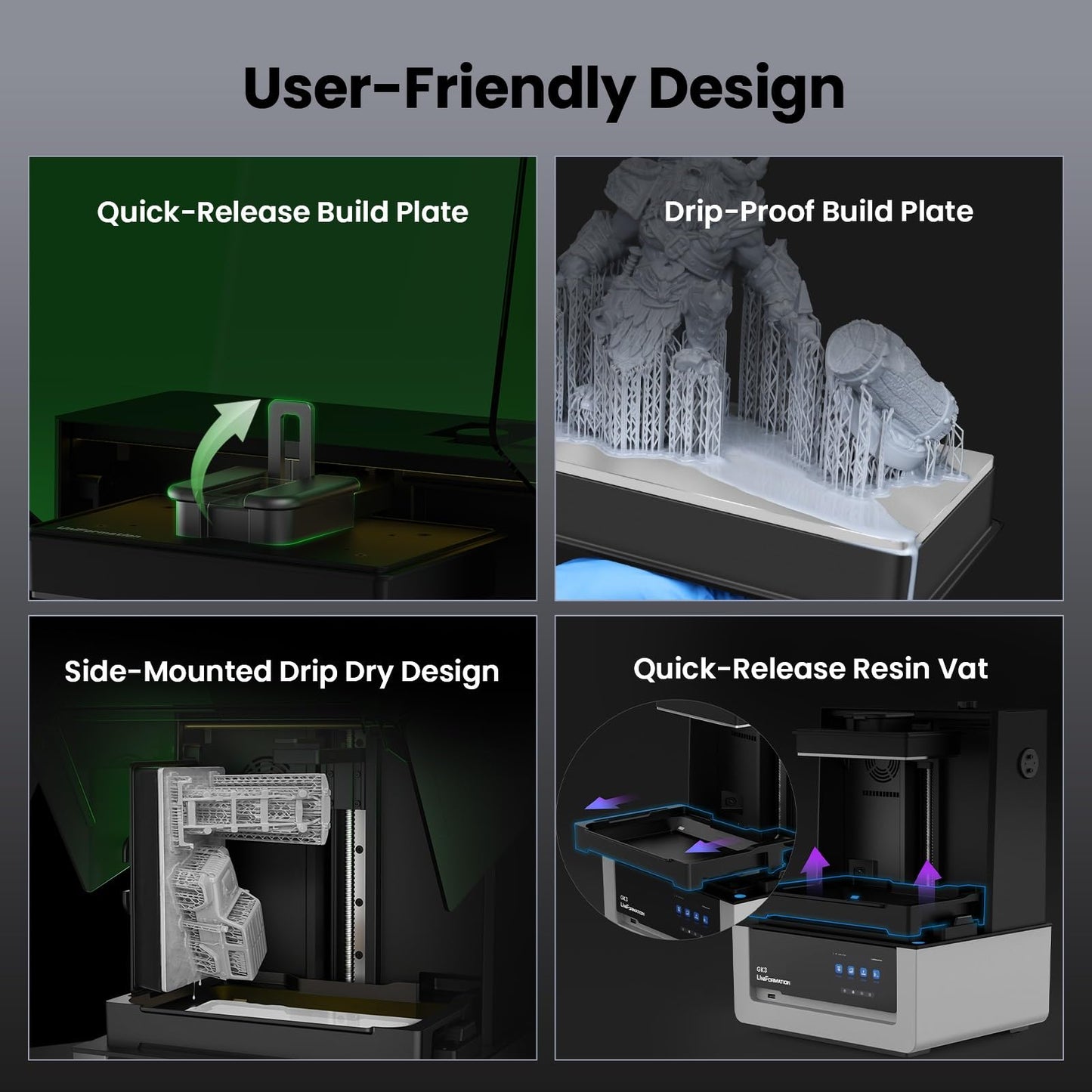 Uniformation GK3 Pro Resin 3D Printer 16K High-Transparency LCD 385nm COB Light Source, High Detail Resin Printer Smart Auto Heating, APP Easy Printing, Auto-Feed, 8.3x4.7x9.5inches Large Build Volume