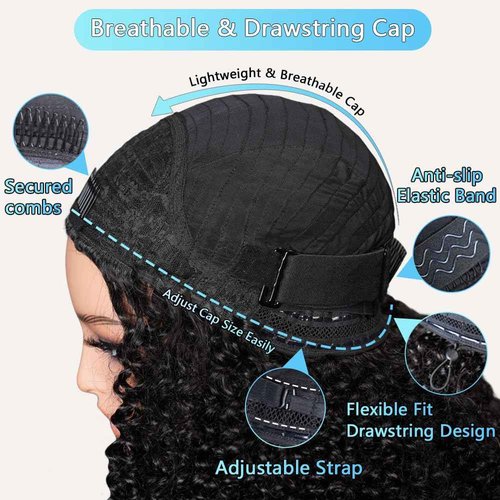 QUANDIAN Kinky Curly 3 In 1 Half Wig Human Hair 200% Density Wear Go Glueless Wigs Human Hair for Women 16 Inch Afro Curly Seamless Flip Wig Invisible Hairline Beginner Friendly