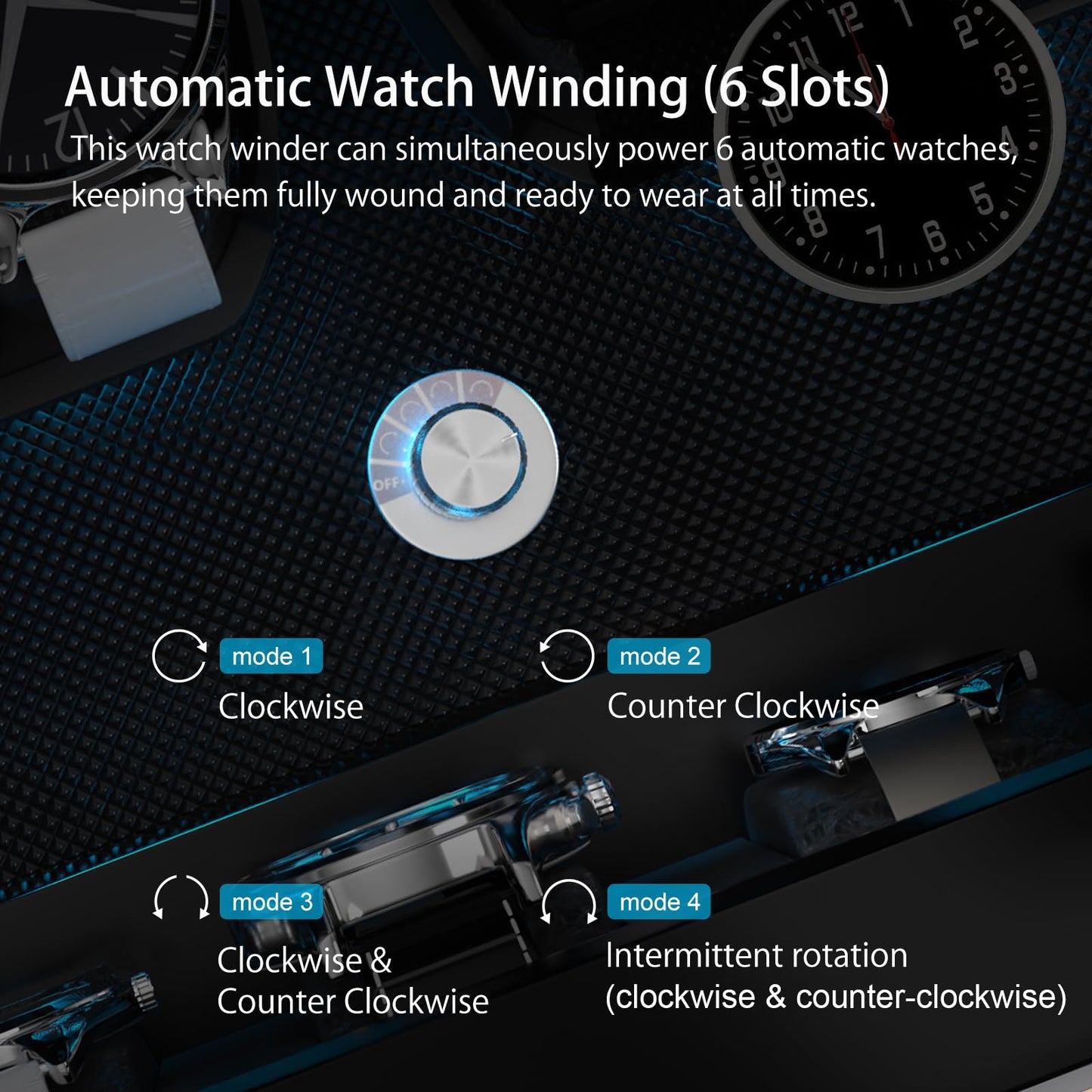XTELARY Watch Winder for 6 Automatic Watches, Green Lockable Automatic Winders with Extra 6 Watch Storages, 4 Rotation Modes, Flexible Watch Pillows, Quiet Mabuchi Motor, and Blue Backlight