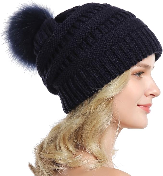 QUEENFUR Women Knit Slouchy Beanie Chunky Baggy Hat with Faux Fur Pompom Winter Soft Warm Ski Cap