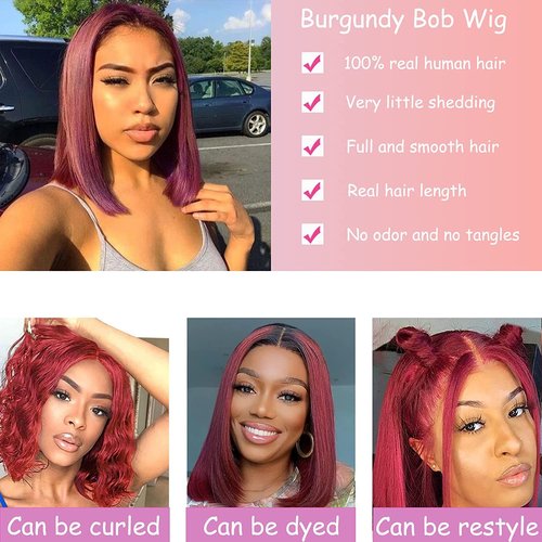 newnavat 99j Burgundy Lace Front Wigs Human Hair 14 Inch Bob Red Bob Wig Human Hair Red Straight Lace Front Wigs Human Hair 13x4 HD Lace Frontal Wig Wine Red Human Hair Wigs for Women