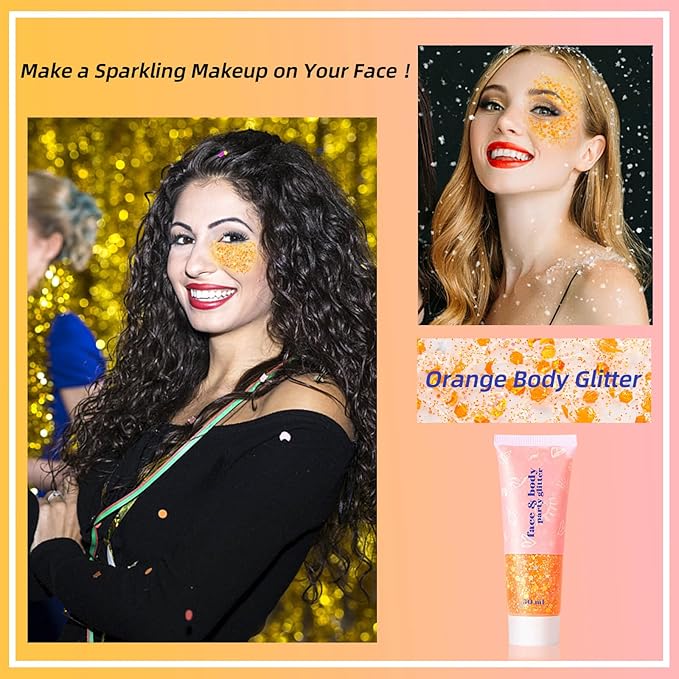 MEICOLY Orange Face Body Glitter,Sparkling Hair Face Glitter Gel,Mermaid Sequins Face Paint Glitter Autumn Makeup,Halloween Festival Rave Accessories Makeup,Party Body Glitter Gel for Women Kids,50ml