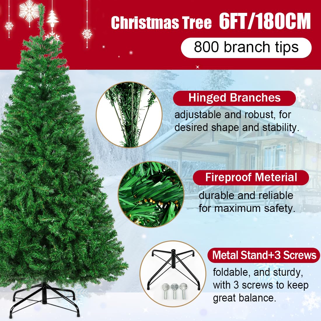 RooTrimmer Christmas Tree, 6 FT Artificial Christmas Tree, Unlit Christmas Pine Tree Full with 800 Branch Tips, Foldable Base and Metal Hinges for Indoor Outdoor Party Decorations (Green)
