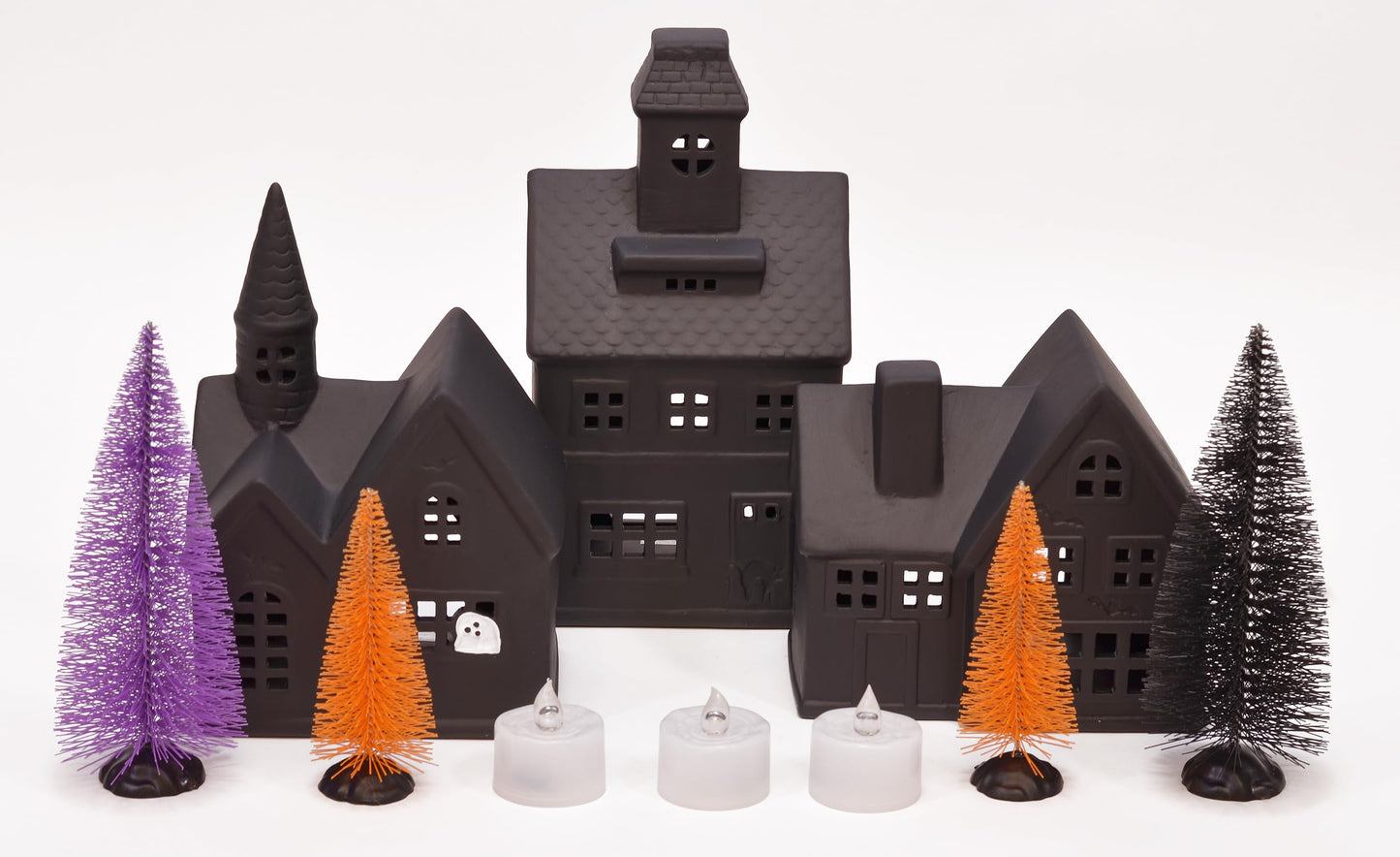 Mark Feldstein & Associates Black Porcelain Haunted Halloween LED Village, with Trees and Color Changing Tealights, 10 Piece Set