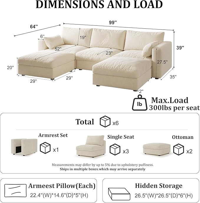 Cloud Modular Sectional Sofa Couch with Storage Ottoman, 99" Oversized Sectional Couches for Living Room, Cloud Modular U-Shaped Sofa with Chaise, 5 Seater, Chenille, Beige