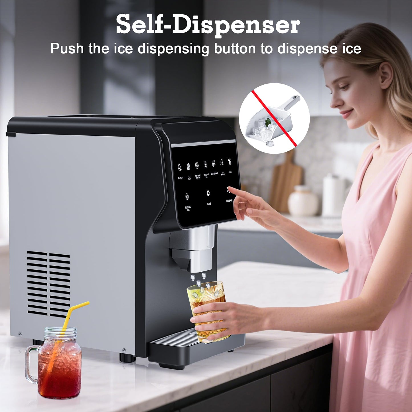 Nugget Ice Maker 66Lbs/24H Chewable Pellet Ice Machine, Built-in 6lbs Ice Storage, Self-Cleaning Function,Stainless Steels Ice Machine for Home,Office,Party,RV