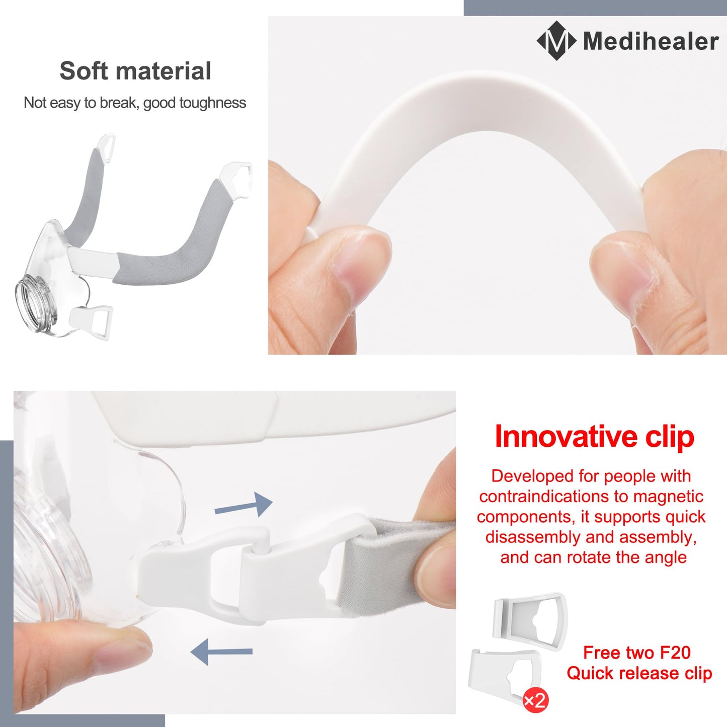 Medihealer Non-Magnetic Frame Kit for Airfit F20, Including 1PCS Frame & Headgear for Air Fit F20&1Pair Non-Magnetic Clips&2PCS Strap Covers, Non-Magnetic All Components (Without Mask and Elbow)