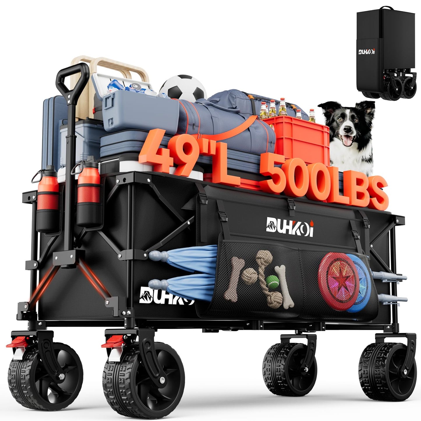 DUHKOI 49" L Collapsible Foldable Extended Wagon with 500lbs Weight Capacity,300L Heavy Duty Beach Cart,Large Utility Wagon with Cup Holders,Cart for Sports,Outdoors,Grocery,Shopping,Black
