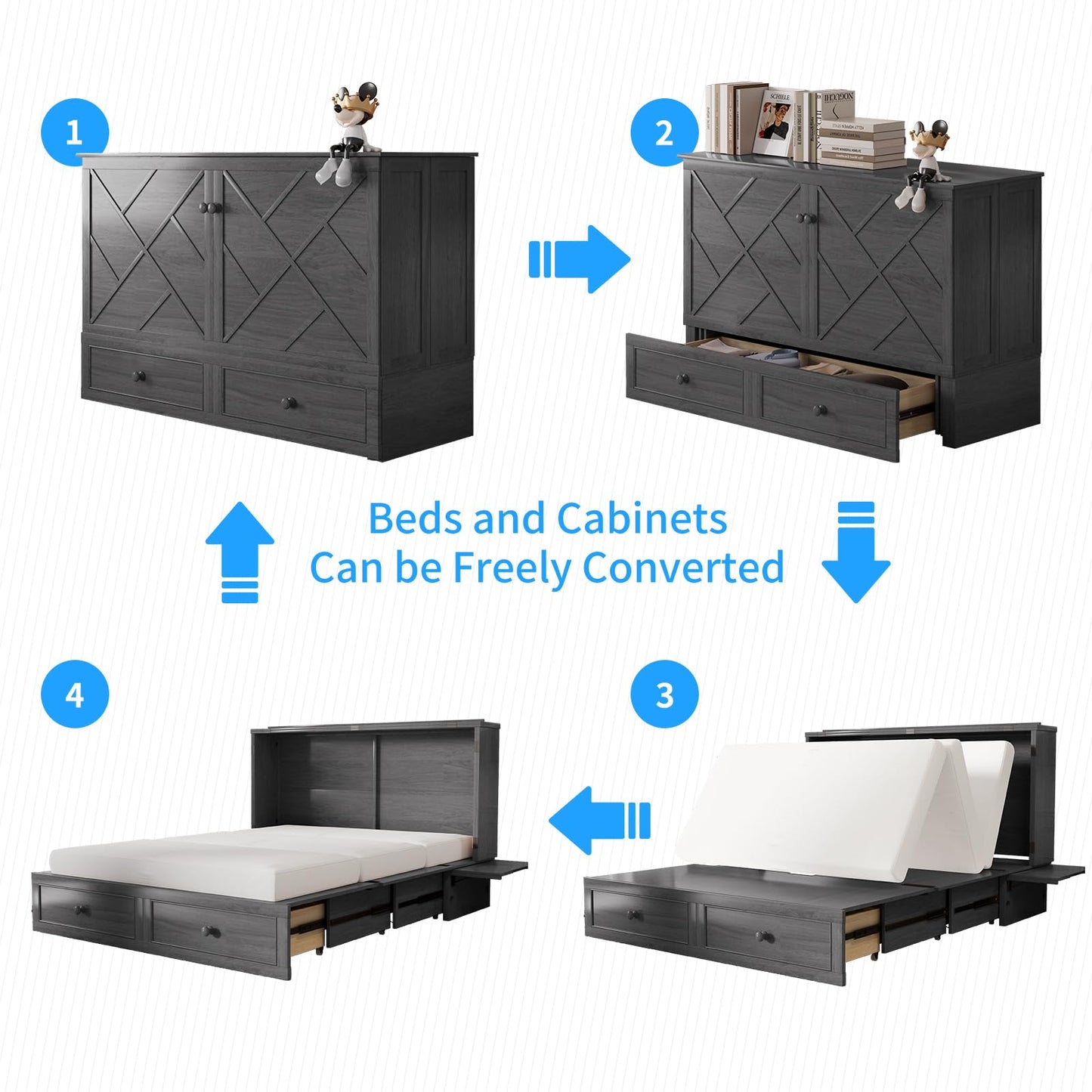 PUREMIND Queen Murphy Bed with Storage Drawers, Camas Con Colchon Incluido, Hideaway Chest Beds with Built-in Charging Station, Murphy Bed Queen Space-Saving Wall Beds for Bedroom