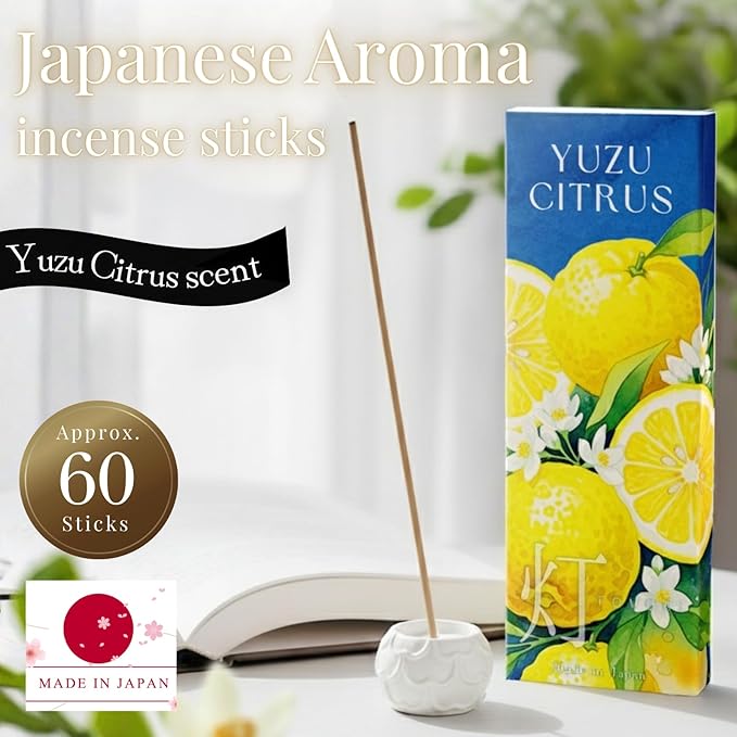 Yuzu Citrus Luxury Japanese Incense Sticks 60sticks Lemon Orange Mndarin Musk Coreless Low Smoke Natural Charcoal Free Non Toxic Aromatherapy Meditation Calming Stress Relief Relaxation Yoga TOMORI