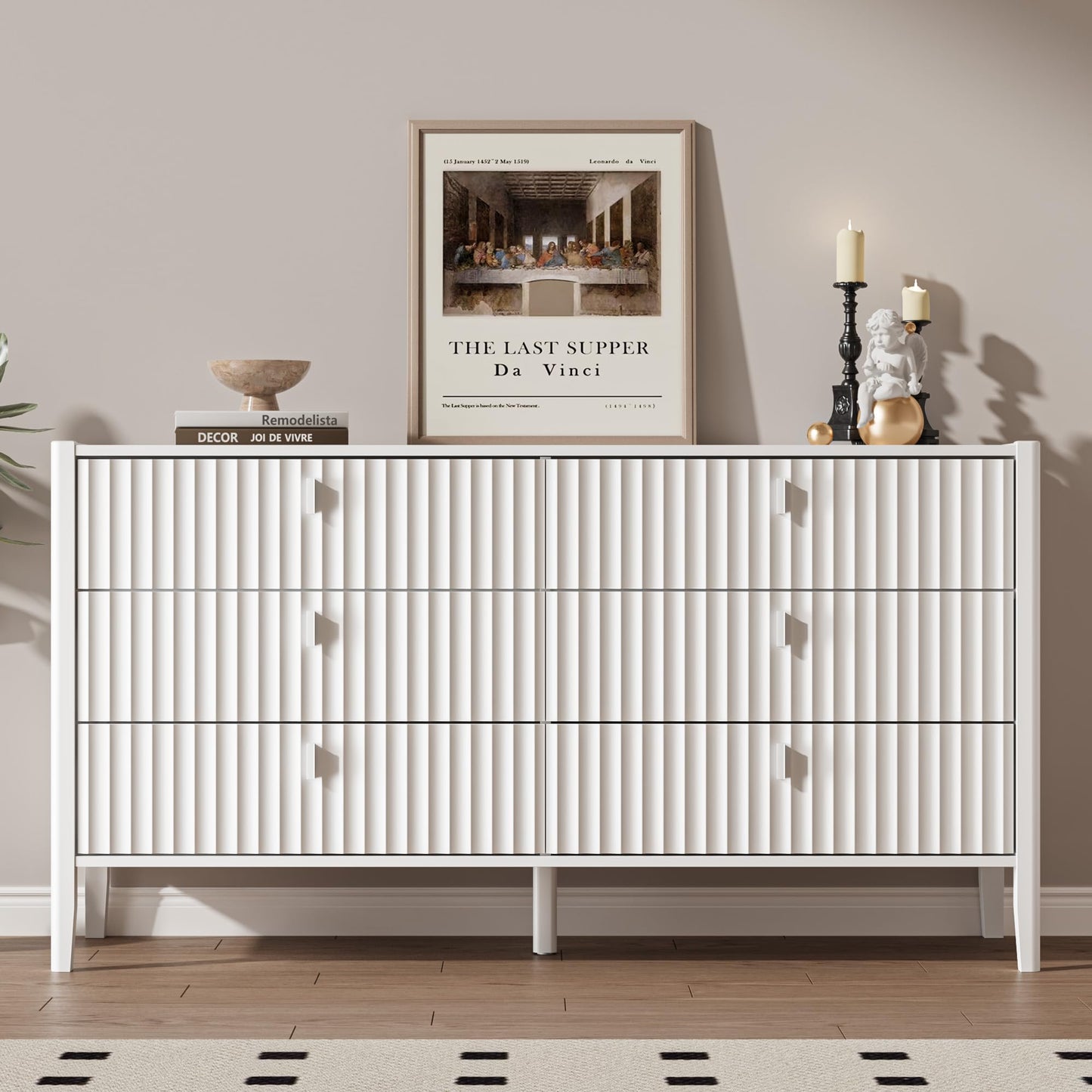 MAISONARIA White 6 Drawer Dresser for Bedroom, Modern Wood Dresser, Fluted Design Double Chest of Drawers with Wood Legs, TV Stand Storage Cabinet for Bedroom, Living Rooms, Offices, and Entryways