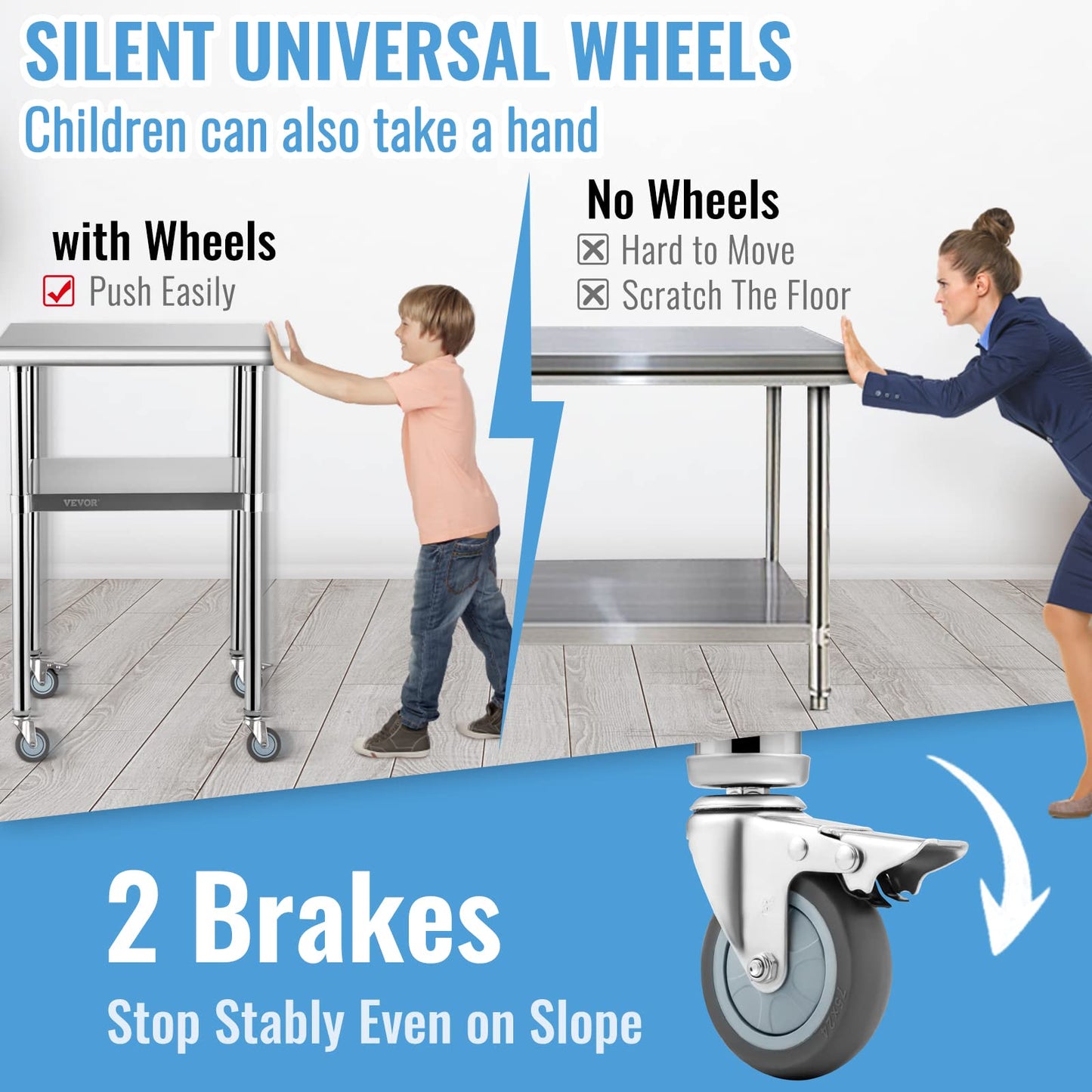 VEVOR Stainless Steel Prep Table, 24 x 24 x 33.5 Inch, 600lbs Load Capacity Heavy Duty Metal Worktable with Adjustable Undershelf & Universal Wheels, Commercial Workstation for Kitchen Garage Backyard