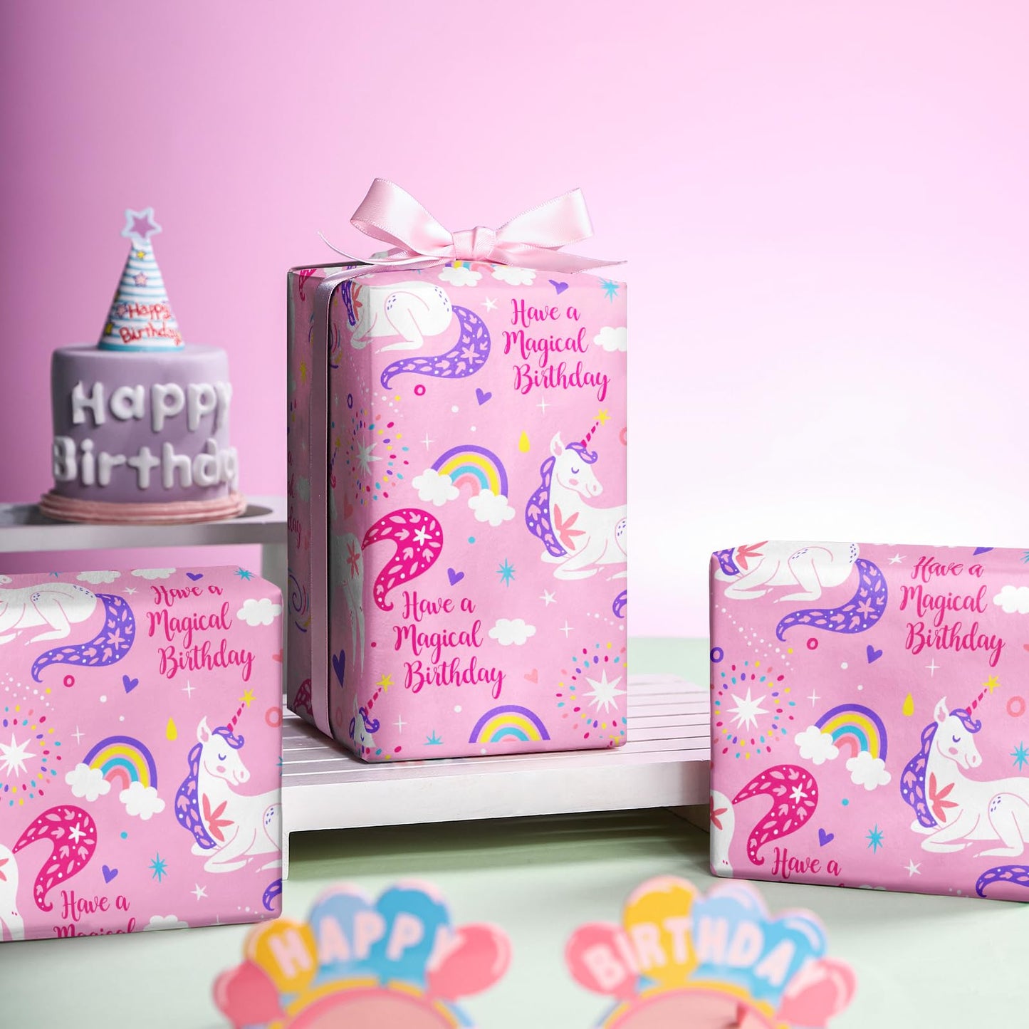 WRAPAHOLIC 30 Inch Jumbo Pink Unicorn Birthday Wrapping Paper Roll - 30 Inch x 33 Feet - Perfect for Girls Birthday, Baby Shower, Party, Holiday