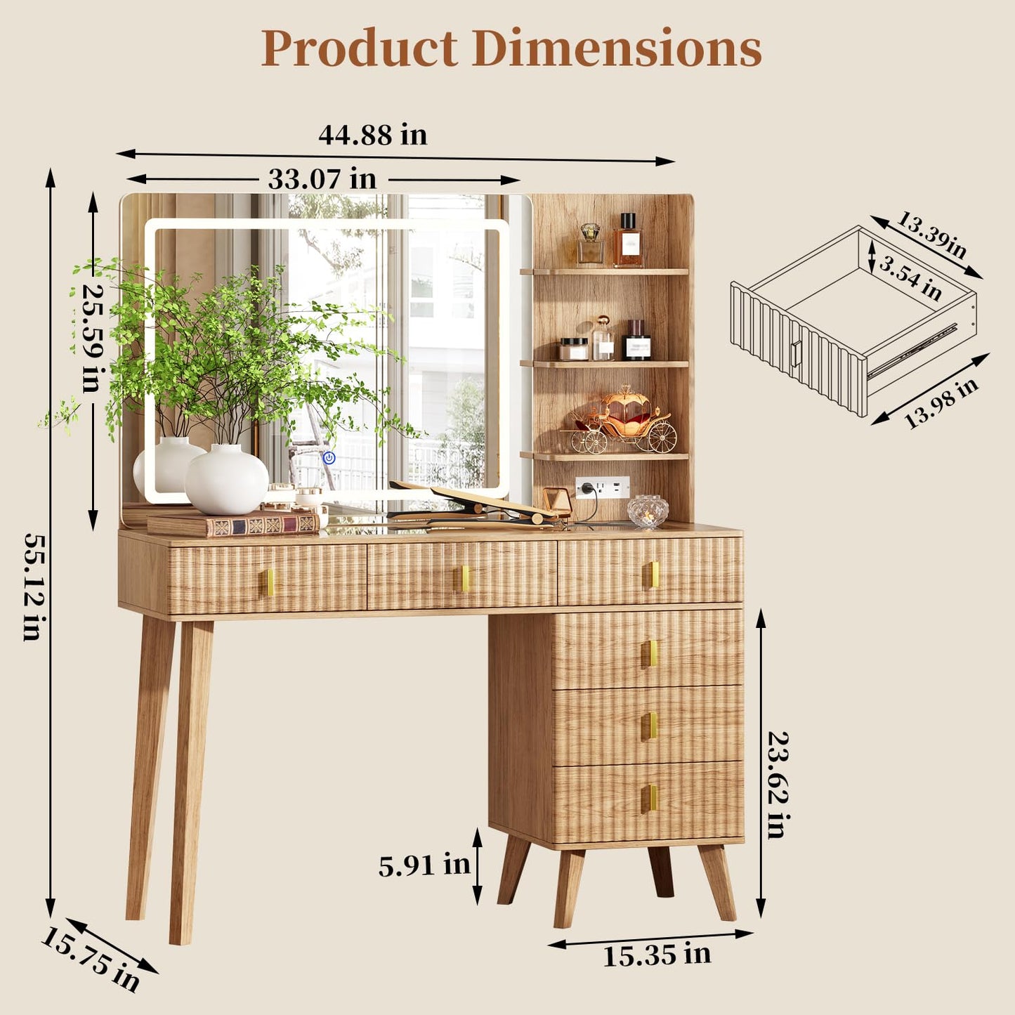 Ieejdn Fluted Makeup Vanity Desk with Large Mirror and Lights,Modern Glass Top Big Vanity Desk with 6 Drawers & Storage Shelves, Vanity Table with Power Outlet, Dressing Table for Bedroom,Oak
