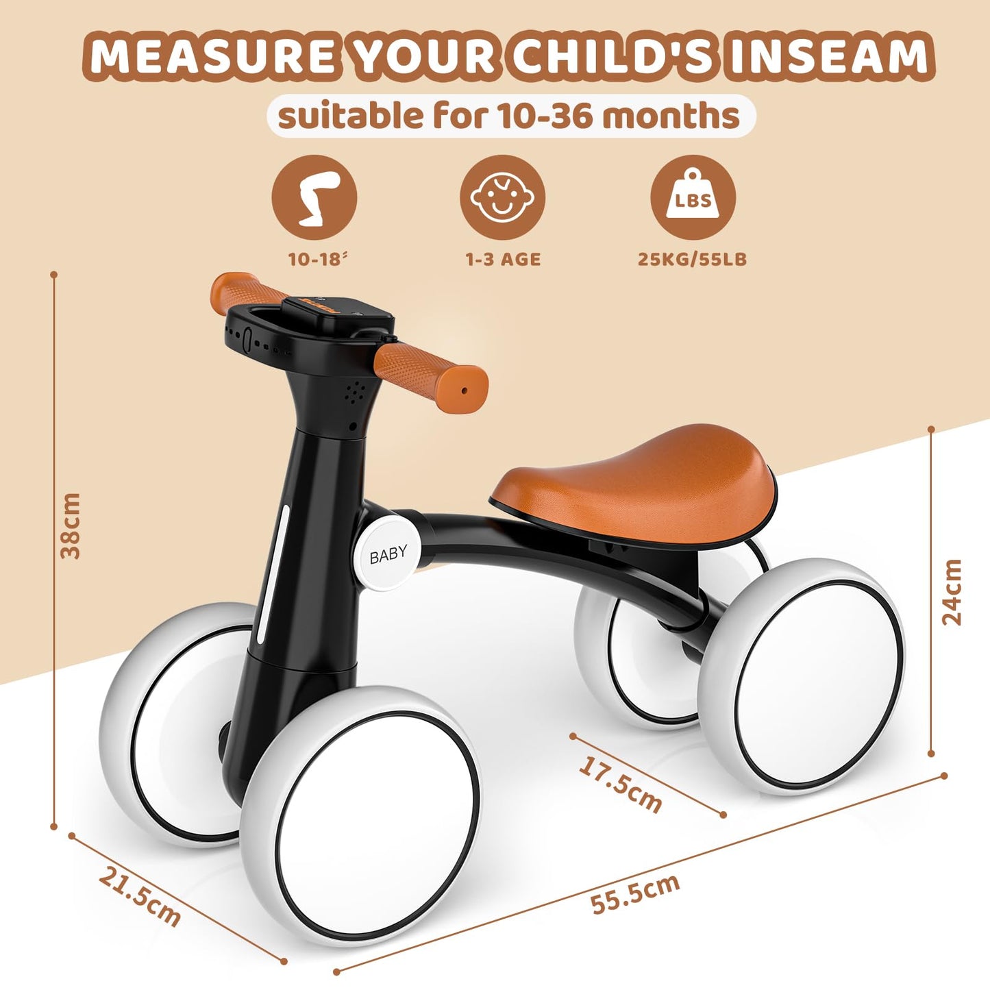 PTINTYE Baby Balance Bike for 1-3 Years (10-36 Months) with Colorful Lighting Wheels & Music, Soft Seat, 4 Silent No-Pedal Wheels – Ideal Toddler Gift for Birthday/First Bike