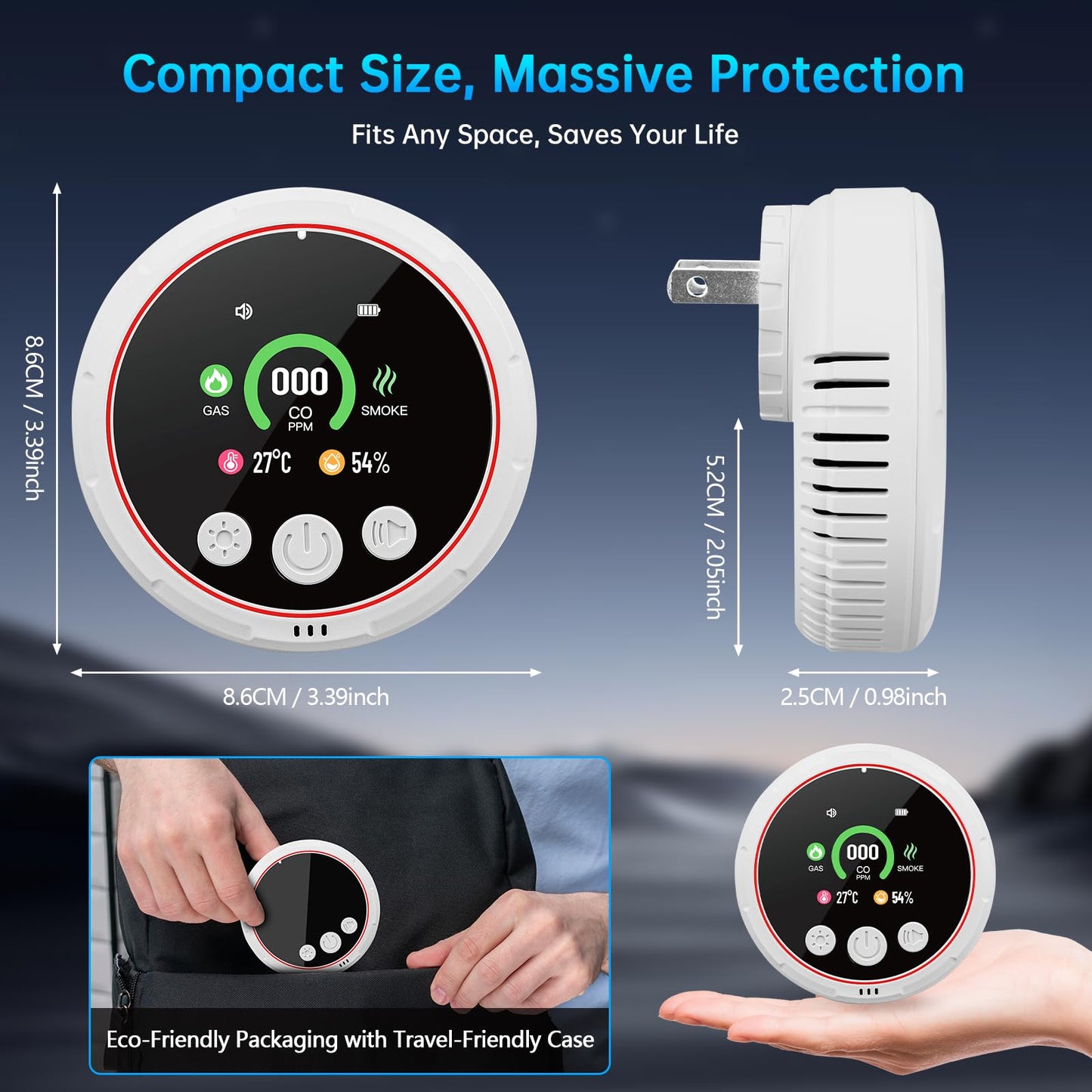 5-in-1 Carbon Monoxide Detectors，Portable Carbon Monoxide Detectors for Travel | Natural Gas Detector with Temp, Humidity Display | Carbon Monoxide Detector Plug in Wall (1 Pack)