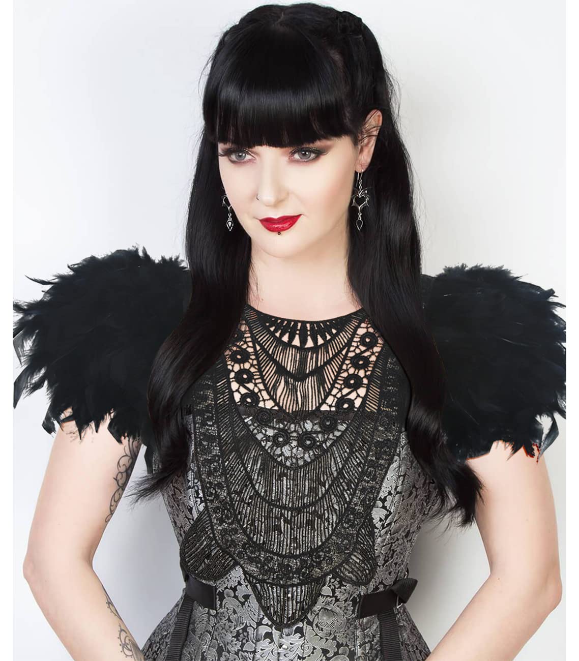 L'VOW Natural Real Feather Steampunk Lace Epaulet Shoulder Wings Gothic Halloween Costumes for Women and Men(Black)
