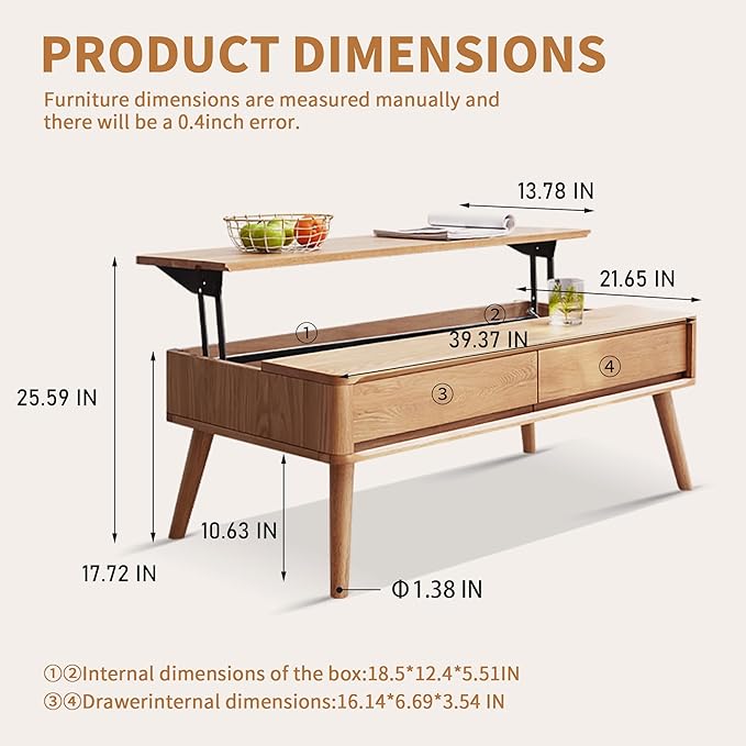 QKFF Wood Lift Top Coffee Table, 100% Solid Oak Wood Small Rising Dining Center Tables with Storage Shelf and Hidden Compartment for Living Room 40D x 22W x 26H