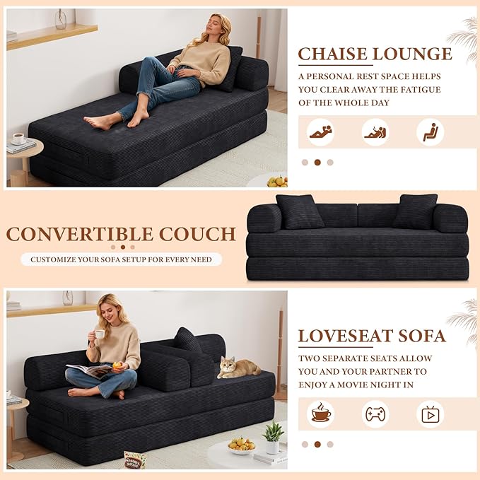 77" Convertible Sofa Bed, Modular Folding Futon Corduroy Floor Foam Compressed Loveseat Sleeper Sofa Couch, Pull Out Queen Size Couch Bed with 2 Pillows for Living Room Guest Room Studio, Black