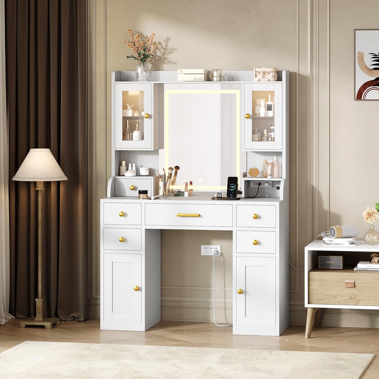 Garvee White Vanity Desk with Charging Station and LED Mirror, Large White and Gold Makeup Dressing Table, 3 Light Modes, 6 Drawers, Cabinet and Shelves