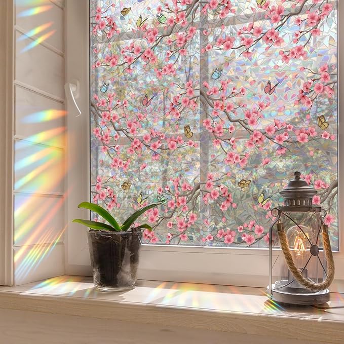 Runtoo Window Privacy Film Rainbow Cherry Blossom Flower Window Clings 3D Decorative Vinyl Stained Glass Butterfly Floral Decals Static Cling Sticker Non-Adhesive, 15.75 x 40 inches